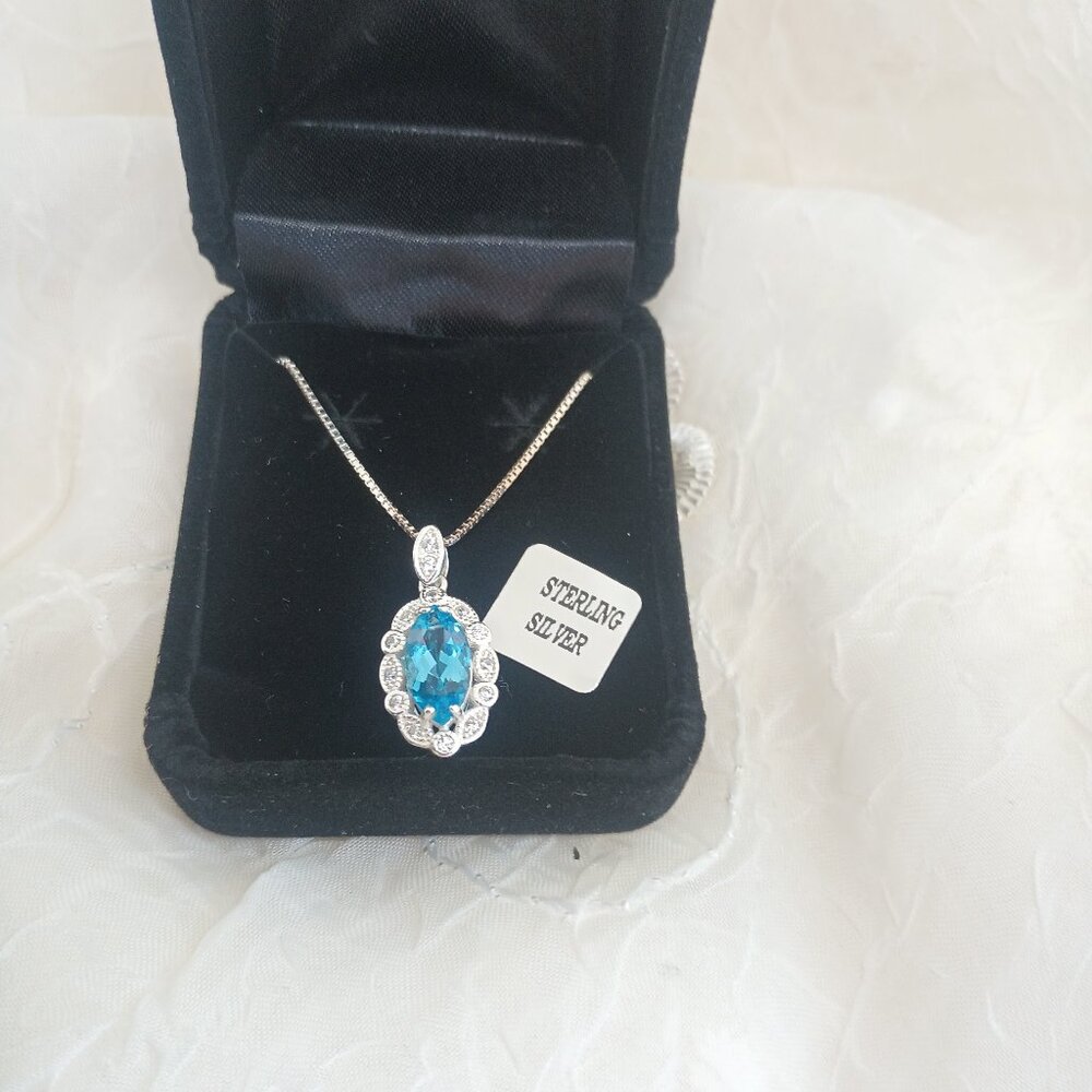 Blue Topaz Cubic Zirconia JC 925 Sterling Silver Necklace 18" Box Included ~ NIB - Picture 2 of 9